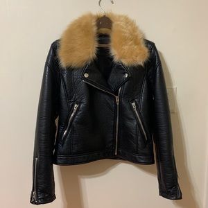 BlankNYC Black Leather Moto Jacket w/ fur collar